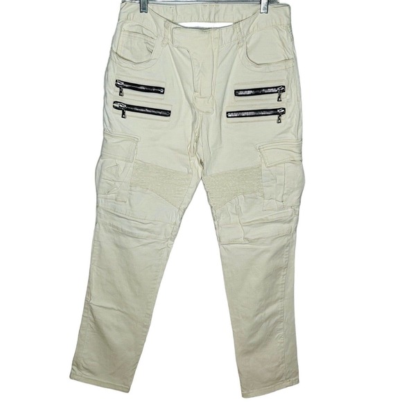 Balmain Other - Balmain Men's Moto Biker Jeans Sz 32 Cream Slim Fit Zippers Cargo Pockets Italy